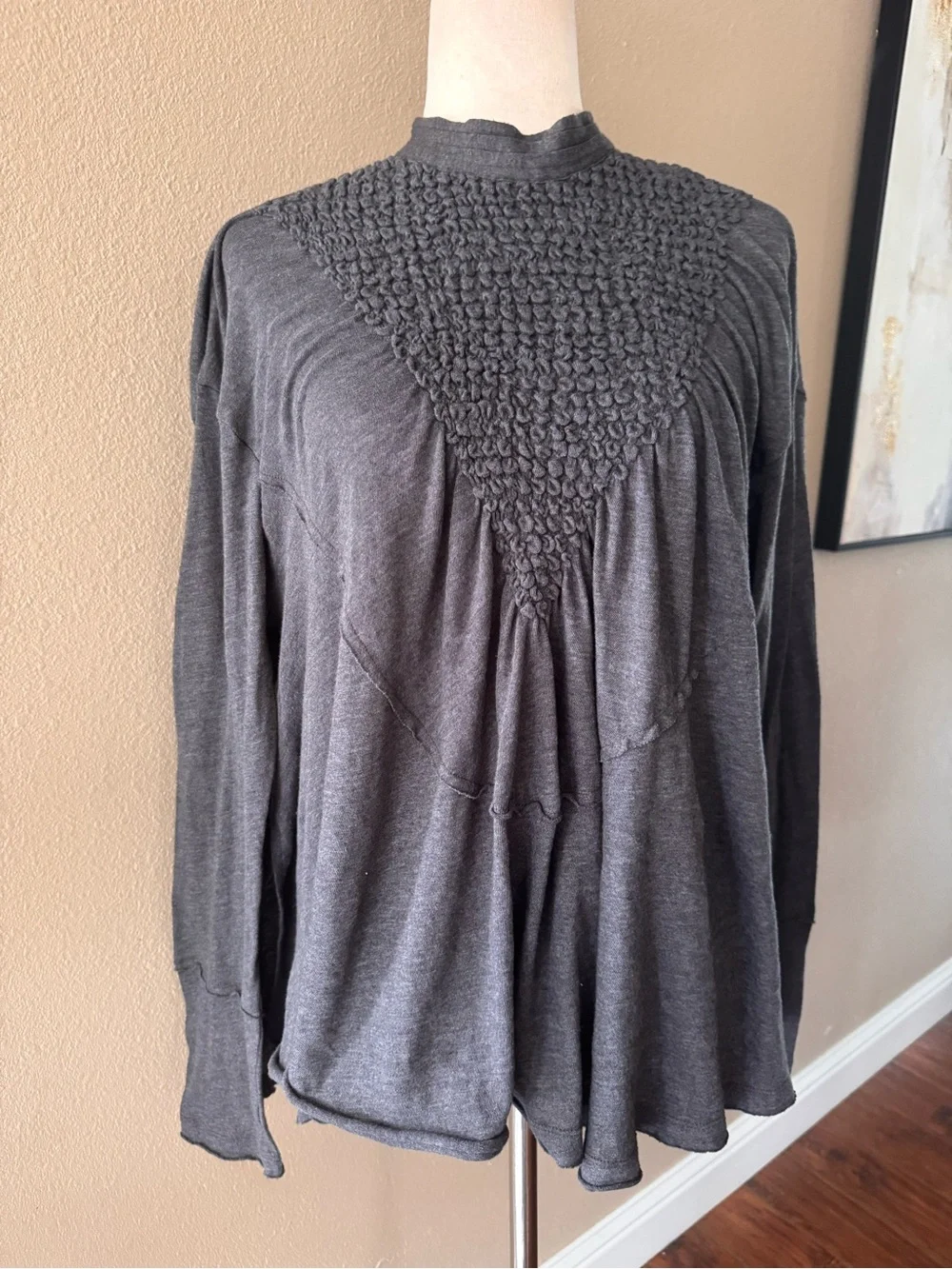 Free People New Romantics Collection Charcoal Smocked Yoke Long-Sleeve Top